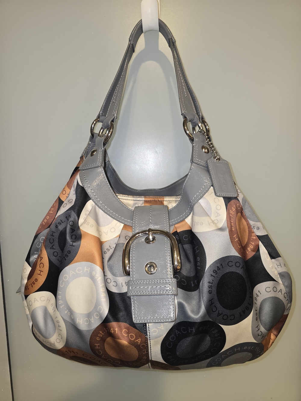 COACH F15198 Lynn Soho Hobo Shoulder Bag Grey Brown Circle Medallion Print *flaw